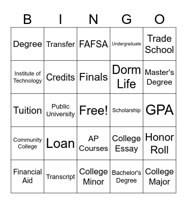 College Bingo Card