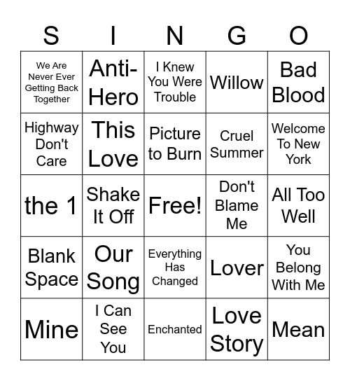 Taylor's Greatest Hits Bingo Card