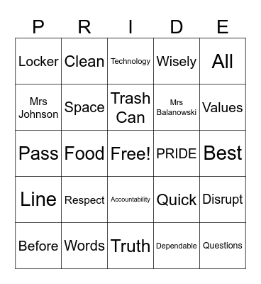 Panther Pride Bingo Card