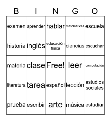 School Bingo Card