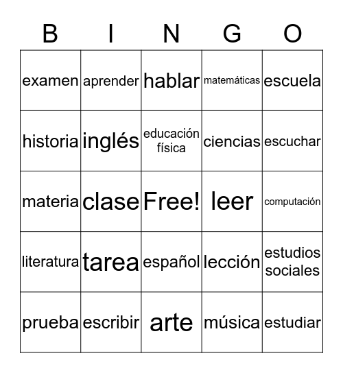 School Bingo Card