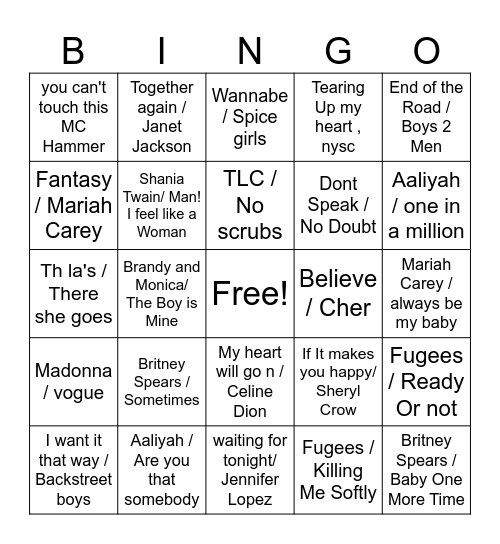 90's Music bingo Card