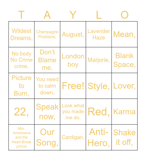 Taylor Swift bingo Card