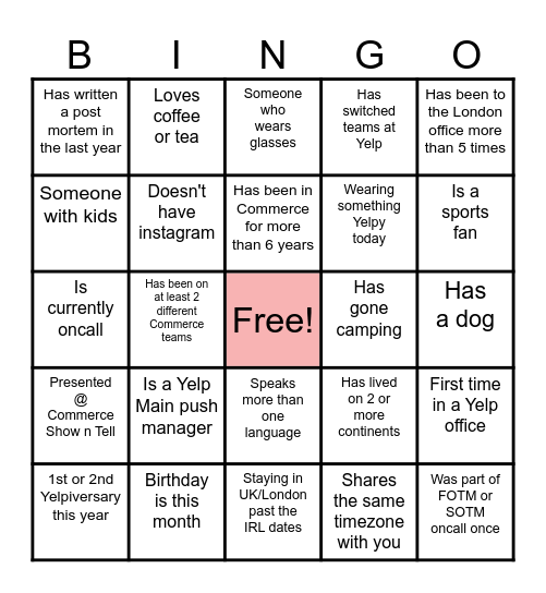 Yelp Commerce Bingo Card