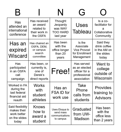 OSFA SKILLS BINGO Card