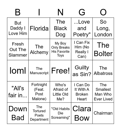 The Tortured Poets Department Bingo Card