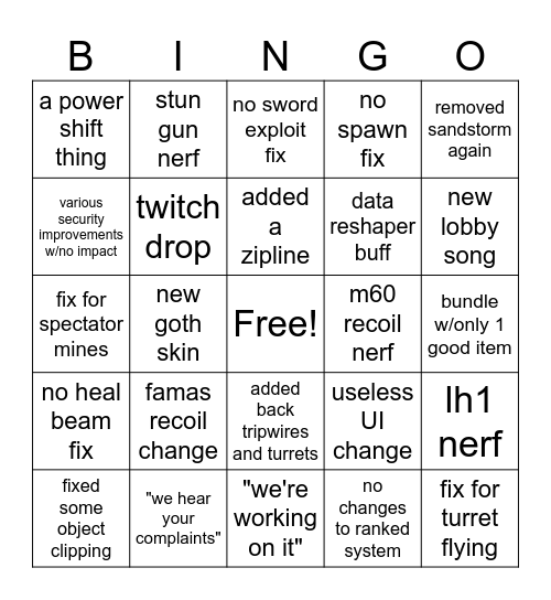 the finals patch 2.5.0 Bingo Card