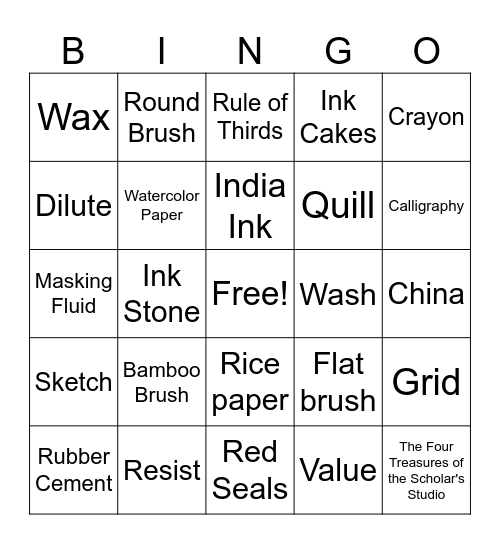 India Ink Painting Vocabulary Bingo Card
