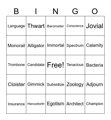 Spelling Bee Bingo Card