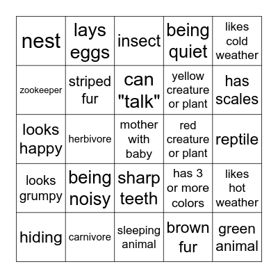 Zoo Scavenger Hunt Bingo Card