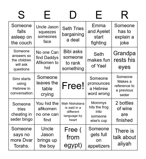 Jacobs Family Passover Bingo Card