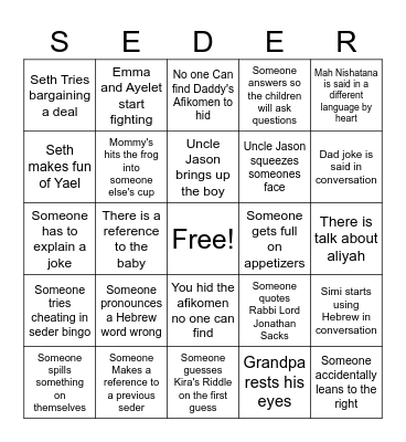 Jacobs Family Passover Bingo Card