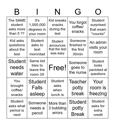 Exam Proctoring Bingo Card