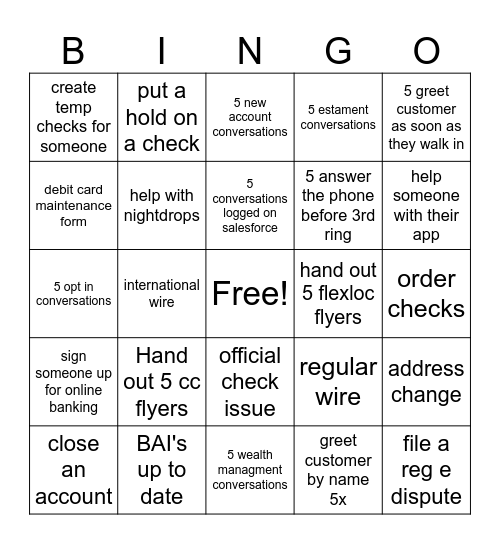 Bank Bingo Card