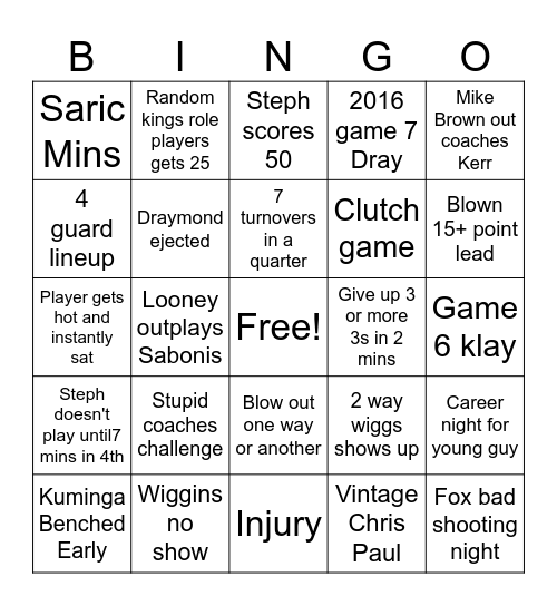 Warriors vs Kings Bingo Card