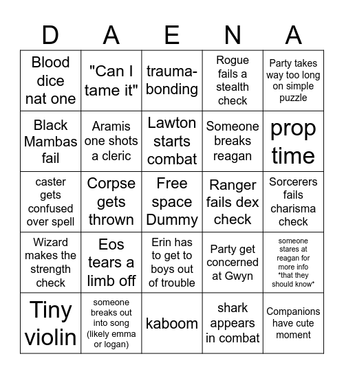 Last Stand of Daena - logan safe Bingo Card