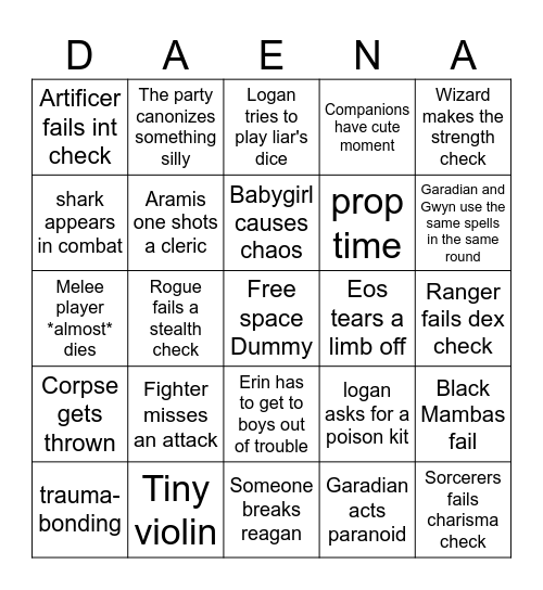 Last Stand of Daena - lawton safe Bingo Card