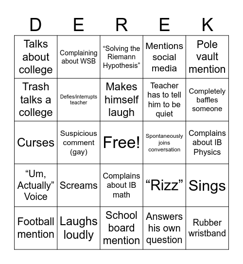 Derekgo Bingo Card