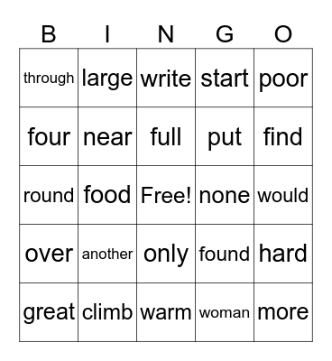Sight Words Bingo Card