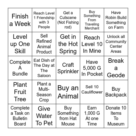 Stardew Valley Lockout Bingo Card