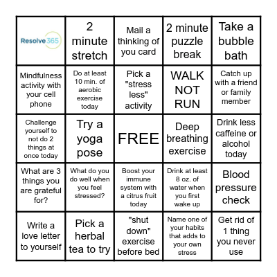 Stress Awareness Month Bingo Card