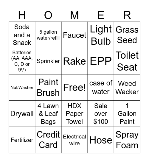 HOMER Bingo Card