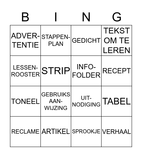 Tekstsoorten-bingo Card