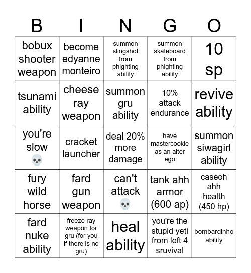 goofy ahh skill ability thing whatever don't play this Bingo Card