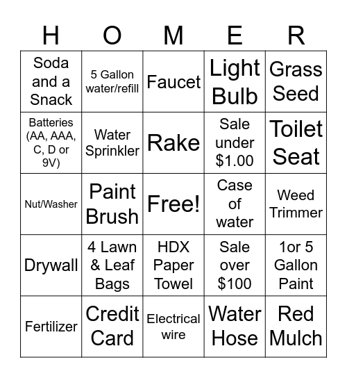 HOMER Bingo Card