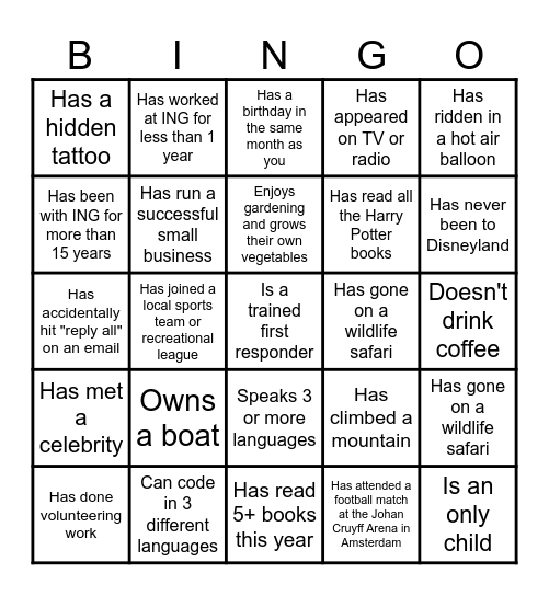 ING Human BINGO Card