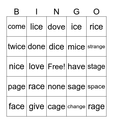 Silent e Bingo Card