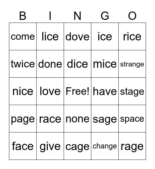 Silent e Bingo Card