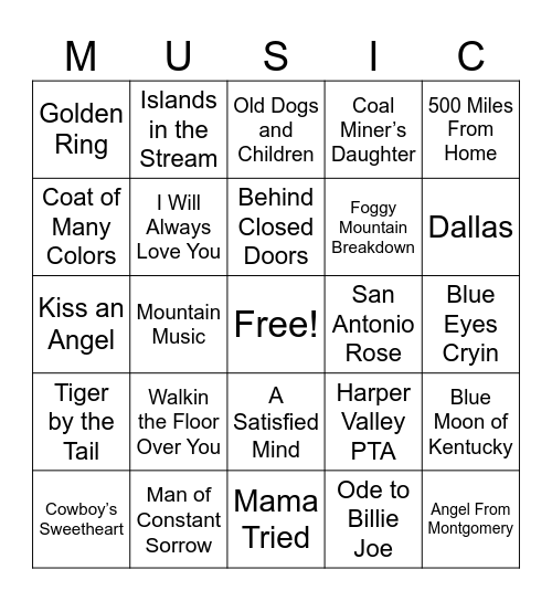 Country Music Bingo Card