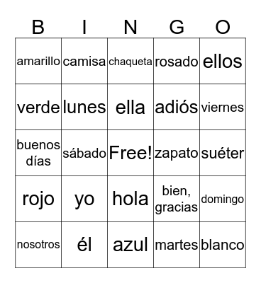 Spanish Elective Review Bingo Card