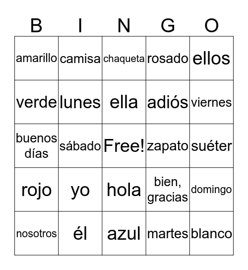 Spanish Elective Review Bingo Card