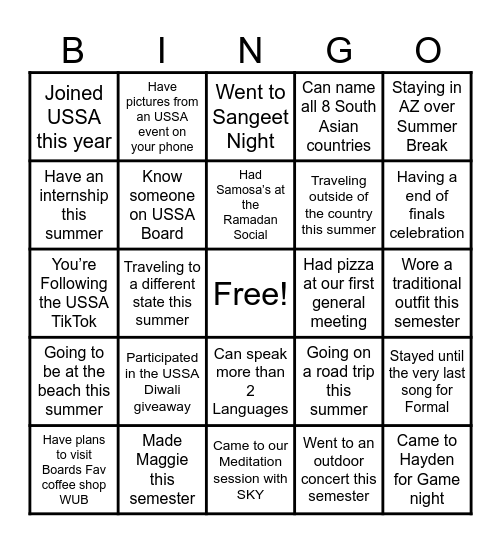 USSA FINALE Bingo Card