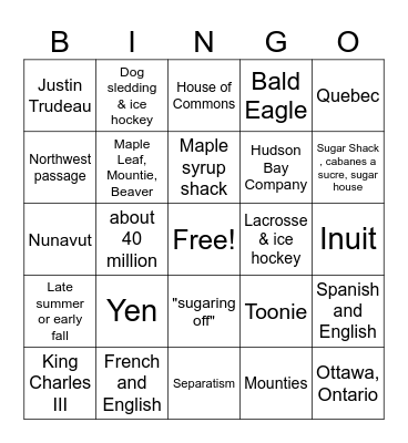 Modern Canada Bingo Card