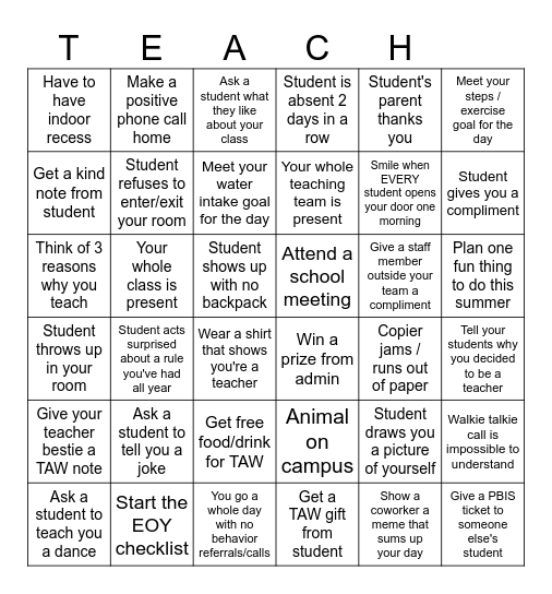 Teacher Appreciation Week Bingo Card