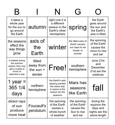 Bill Nye "Seasons" Bingo Card