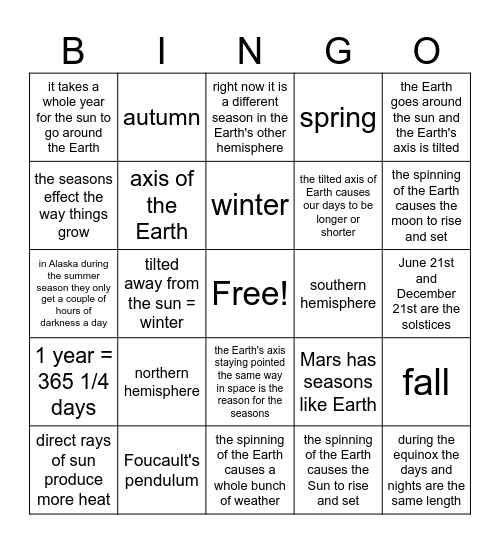 Bill Nye "Seasons" Bingo Card