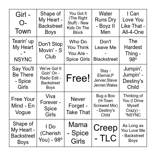 Boybands & Girl Groups: Round 2 Bingo Card