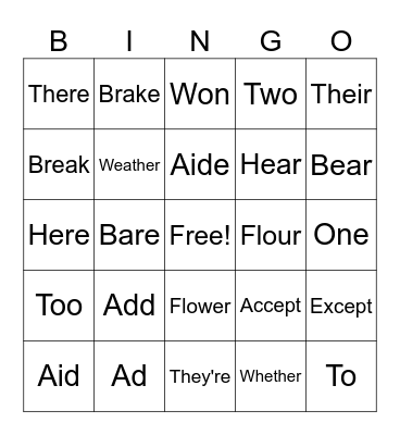Homophone Bingo Card