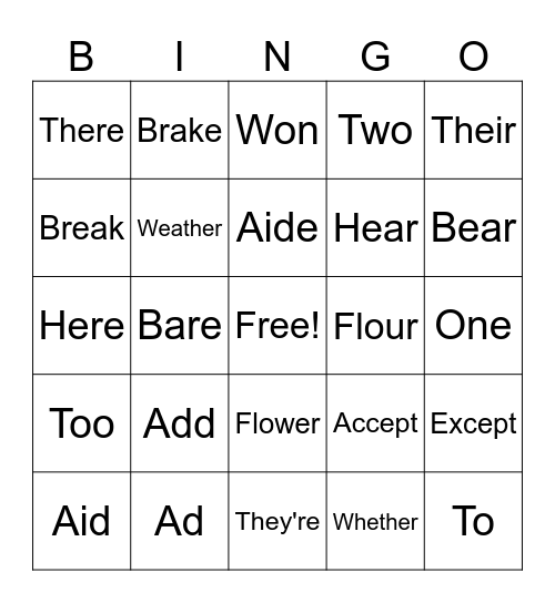 Homophone Bingo Card