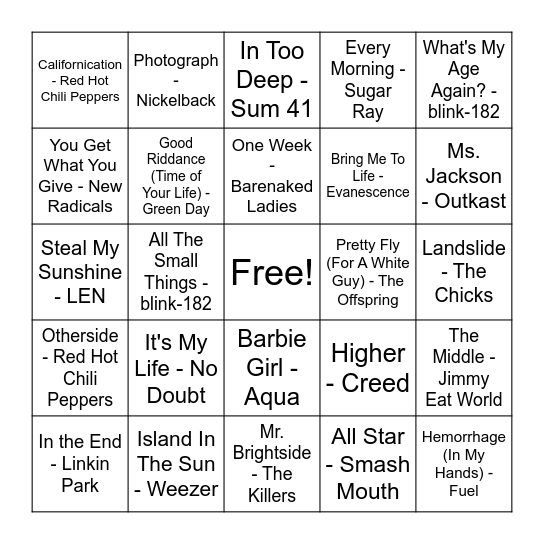 Alt Boybands and Girl Groups Bingo Card