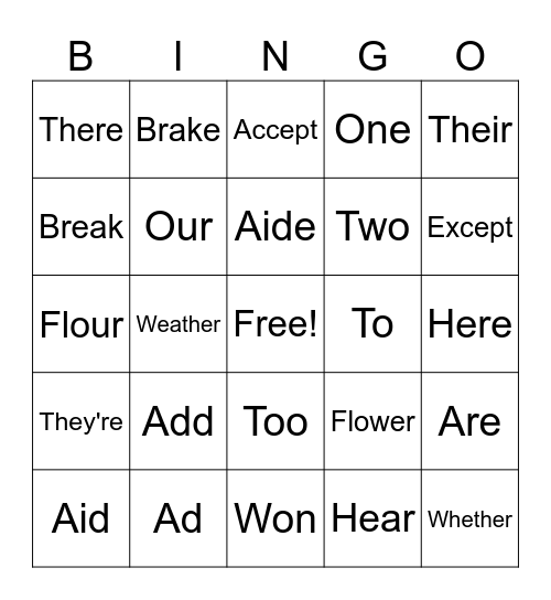 Homophone Bingo Card