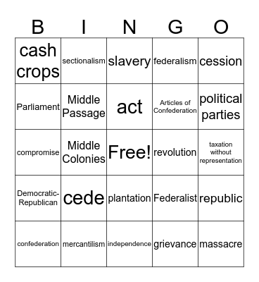 7th Grade Social Studies 5th 6 Weeks Vocabulary Bingo Card