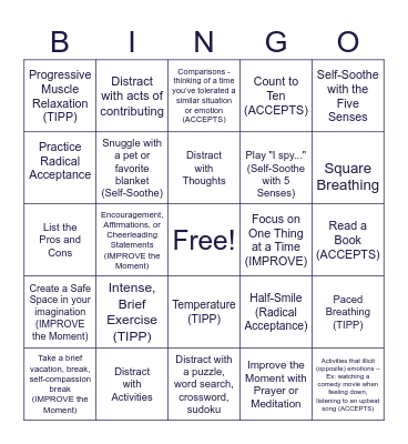 Distress Tolerance Bingo Card