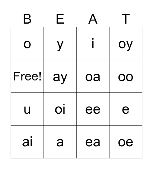 VOWEL BINGO (BOOK 1, UNIT 7) Bingo Card