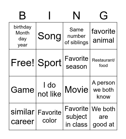 Finding things in common Bingo Card