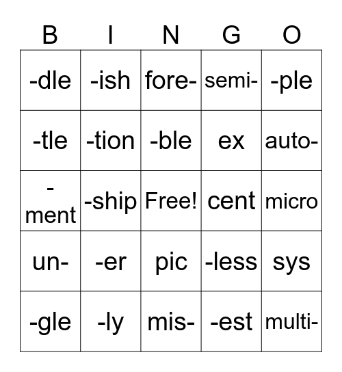 Sight Syllables Bingo Card